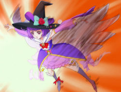 Rule 34 | 1girl, boots, bracelet, cure magical, cure magical (alexandrite style), flower, haruyama kazunori, hat, izayoi liko, jewelry, magical girl, mahou girls precure!, outstretched arms, pink eyes, precure, purple hair, rose, short hair, solo, wings, witch hat