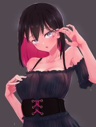 Rule 34 | 1girl, azki (hololive), black dress, black hair, blue eyes, bra, bra strap, breasts, brown background, cleavage, collarbone, colored inner hair, dress, eyebrows hidden by hair, frilled dress, frilled sleeves, frills, hand in own hair, hand on own chest, highres, hololive, large breasts, loeldrive, looking at viewer, medium hair, multicolored hair, off-shoulder shirt, off shoulder, open mouth, pink hair, shirt, short sleeves, solo, sweat, underwear, upper body, virtual youtuber, wet