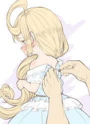 Rule 34 | 1boy, 1girl, adjusting another&#039;s clothes, bare shoulders, blonde hair, blue dress, blush, charlotta (granblue fantasy), crown, dress, dressing, ear blush, from behind, from side, granblue fantasy, harvin, harvin, holding, holding hair, long hair, nose blush, out of frame, pointy ears, pov, pov hands, profile, short sleeves, sketch, solo focus, very long hair, walkalone, white background