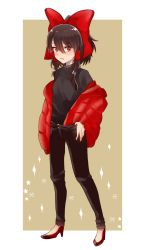 Rule 34 | 1girl, alternate costume, bad id, bad pixiv id, black pants, black shirt, blush, bow, breasts, brown background, brown hair, contemporary, full body, hair between eyes, hair bow, hair tubes, hakurei reimu, hand in pocket, high heels, highres, jacket, looking at viewer, medium hair, off shoulder, pants, parted lips, red eyes, red footwear, red jacket, shirt, sidelocks, sleeves past wrists, small breasts, snowflake background, solo, standing, touhou, turtleneck, two-tone background, uchisaki himari, white background