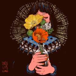 Rule 34 | 1girl, black background, black hair, closed eyes, covering face, dated, flower, highres, holding vase, leaf, long sleeves, medium hair, nail polish, original, procreate (medium), red flower, red nails, signature, solo, sweater, tomidoron, upper body, white flower, yellow flower