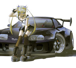 Rule 34 | 1girl, black collar, black footwear, black thighhighs, blue eyes, boots, bracelet, breasts, car, cleavage, collar, collarbone, expressionless, hair ornament, highres, jewelry, leaning forward, looking at viewer, medium breasts, miniskirt, motor vehicle, on vehicle, original, shading eyes, shadow, simple background, sitting, skirt, solo, spiked bracelet, spikes, spoiler (automobile), sports car, star (symbol), star hair ornament, thighhighs, toyota, toyota supra, toyota supra mk iv, twintails, vehicle focus, vinne, white background