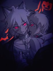 Rule 34 | 2boys, ahoge, bare shoulders, chain, chained, collar, collarbone, danganronpa (series), danganronpa another episode: ultra despair girls, fangs, glowing, glowing eyes, hand up, highres, jacket, komaeda nagito, looking at another, male focus, medium hair, messy hair, metal collar, multiple boys, nail polish, open clothes, open jacket, open mouth, red eyes, red nails, shirt, short hair, sideways glance, spot color, striped clothes, striped shirt, upper body, yaoi, ziling