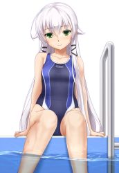 Rule 34 | 1girl, altina orion, arm at side, bare arms, bare legs, bare shoulders, barefoot, black ribbon, blush, breasts, closed mouth, competition swimsuit, eiyuu densetsu, eto, falcom, green eyes, hair flaps, hair ribbon, highres, long hair, looking at viewer, one-piece swimsuit, partially underwater shot, pool ladder, poolside, ribbon, sen no kiseki, sen no kiseki ii, silver hair, simple background, sitting, small breasts, smile, soaking feet, solo, swimsuit, toenails, toes, underwater, very long hair, water, white background
