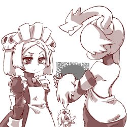 Rule 34 | 2019, apron, backless dress, backless outfit, bloody marie (skullgirls), blue skin, colored skin, dress, hair ornament, hat, highres, holding, leviathan (skullgirls), maid, maid headdress, monochrome, mtk hoshi, nurse cap, skull hair ornament, skullgirls, squigly (skullgirls), twintails, valentine (skullgirls), white background, white hair, zombie