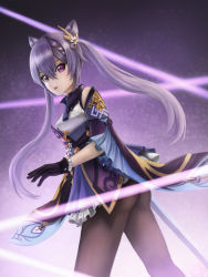 Rule 34 | 1girl, absurdres, artist request, ass, bare shoulders, breasts, dress, genshin impact, gloves, hair ornament, highres, keqing (genshin impact), long hair, looking at viewer, medium breasts, open mouth, pantyhose, purple dress, purple eyes, purple hair, short dress, skirt, solo, sword, twintails, very long hair, weapon