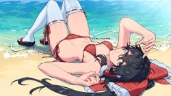 Rule 34 | 1girl, armpits, beach, bikini, black eyes, black hair, bow, breasts, closed mouth, commission, day, full body, hair between eyes, hair bow, hair tubes, hakurei reimu, highres, himadera, long hair, looking at viewer, lying, medium breasts, ocean, on back, outdoors, red bikini, red bow, side-tie bikini bottom, sidelocks, skeb commission, solo, swimsuit, thighhighs, touhou, twitter username, white thighhighs