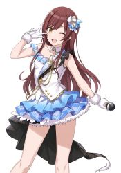 Rule 34 | 1girl, brown hair, cuffs, fur trim, gloves, hair ornament, idol clothes, idolmaster, idolmaster shiny colors, long hair, looking at viewer, microphone, miniskirt, official art, one eye closed, open mouth, osaki amana, skirt, smile, thighs, white background, white gloves, yellow eyes