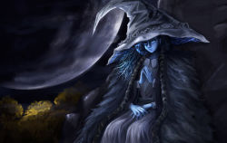 Rule 34 | 1girl, absurdres, blue eyes, blue skin, cape, closed mouth, colored skin, elden ring, extra arms, feet out of frame, fingers together, full moon, fur cape, hat, highres, kean gindesgaard, long hair, looking at viewer, moon, night, one eye closed, outdoors, ranni the witch, sitting, solo, witch, witch hat