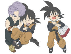 Rule 34 | 2boys, :d, ^ ^, bag, black hair, black legwear, blush, blush stickers, boots, child, clenched hands, clone, closed eyes, dougi, dragon ball, dragonball z, fingernails, floating, frown, full body, grey eyes, hand on another&#039;s knee, hands on own chest, happy, long sleeves, looking at another, looking away, male focus, multiple boys, nervous, open mouth, own hands together, purple hair, short hair, simple background, sleeveless, smile, son goten, spiked hair, sweatdrop, trunks (dragon ball), u-min, white background, wristband