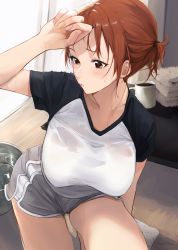 Rule 34 | 1girl, :o, absurdres, akito (d30n26), arm up, blush, breasts, brown eyes, brown hair, bucket, coffee, coffee mug, commentary request, cup, dolphin shorts, grey shorts, hand on forehead, highres, indoors, large breasts, leaning forward, leg up, looking away, looking to the side, mug, nagi (akito), original, parted lips, raglan sleeves, shirt, short hair, short ponytail, short shorts, short sleeves, shorts, solo, standing, standing on one leg, table, towel, water, white shirt