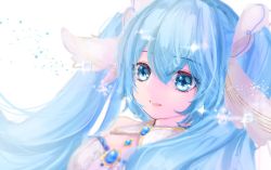 Rule 34 | 1girl, :d, blue eyes, blue hair, hair between eyes, hatsune miku, highres, katorea, long hair, open mouth, portrait, smile, solo, twintails, very long hair, vocaloid, white background