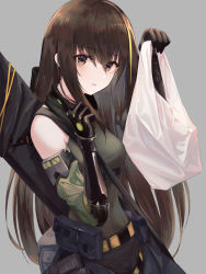 Rule 34 | 1girl, bare shoulders, belt, belt pouch, black gloves, breasts, brown eyes, brown hair, detached sleeves, frostscent, gauntlets, girls&#039; frontline, gloves, green shirt, grey background, hands up, highres, index finger raised, long hair, looking at viewer, m4a1 (girls&#039; frontline), m4a1 (mod3) (girls&#039; frontline), magazine (weapon), medium breasts, mod3 (girls&#039; frontline), multicolored hair, parted lips, pouch, shirt, sidelocks, solo, streaked hair, upper body, very long hair