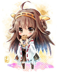 Rule 34 | 10s, 1girl, bare shoulders, blush, boots, brown eyes, brown hair, chibi, chocolate chip cookie, cookie, cookie clicker, detached sleeves, double bun, eating, food, hair ornament, hairband, headgear, hishi (pattern), japanese clothes, kantai collection, kongou (kancolle), long hair, long sleeves, miko, open mouth, shirt, skirt, smile, solo, tiara, wide sleeves, yuya (night lily)