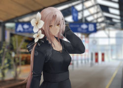 Rule 34 | 1girl, absurdres, aug (girls&#039; frontline), black dress, black ribbon, blonde hair, breasts, closed mouth, cross hair ornament, dress, flower, girls&#039; frontline, hair flower, hair ornament, hand on own head, highres, long hair, looking at viewer, medium breasts, nighttsound, ribbon, simple background, solo, yellow eyes