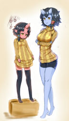 Rule 34 | 2girls, age difference, barefoot, bike shorts, black hair, black legwear, blue skin, blush, box, breast envy, breast hold, breasts, brown background, colored skin, crossed arms, flat chest, frown, height difference, highres, horns, inutokage, large breasts, monster girl, multiple girls, oni, open mouth, original, red skin, ribbed sweater, short hair, simple background, single horn, smile, sweater, thighhighs, turtleneck, yellow eyes