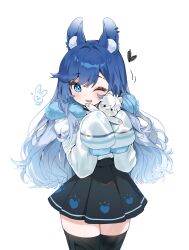 Rule 34 | 1girl, ;d, absurdres, animal ear fluff, animal ears, black choker, black skirt, black thighhighs, blue eyes, blue hair, blush, cheli (kso1564), choker, commentary request, copyright request, fang, fur-trimmed hood, fur trim, hair between eyes, hands up, heart, highres, holding, hood, hood down, hoodie, long hair, long sleeves, looking at viewer, one eye closed, open mouth, pleated skirt, puffy long sleeves, puffy sleeves, simple background, skirt, sleeves past fingers, sleeves past wrists, smile, solo, thighhighs, very long hair, virtual youtuber, white background, white hoodie