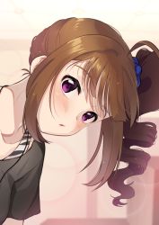 Rule 34 | 1girl, ahoge, black shirt, blue scrunchie, blush, brown hair, commentary, drill hair, hair ornament, hair scrunchie, idolmaster, idolmaster million live!, jewelry, kamille (vcx68), leaning forward, looking at viewer, medium hair, necklace, parted lips, purple eyes, scrunchie, shirt, side drill, side ponytail, sidelocks, solo, t-shirt, tank top, yokoyama nao
