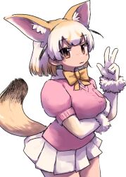 Rule 34 | 1girl, animal ear fluff, animal ears, arm under breasts, black hair, bow, bowtie, breasts, closed mouth, fennec (kemono friends), gloves, highres, kemono friends, large breasts, looking at viewer, multicolored hair, orange eyes, orange hair, pleated skirt, puffy sleeves, short hair, short sleeves, simple background, skirt, solo, tail, w, white background, white gloves, white hair, white skirt, yachima tana