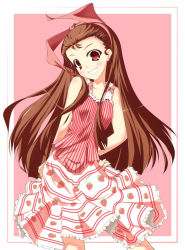 Rule 34 | 00s, 1girl, arms behind back, bare shoulders, breasts, brown hair, casual, chu (chu inthis), collarbone, cropped legs, frilled skirt, frills, grin, hair slicked back, hairband, head tilt, idolmaster, idolmaster (classic), long hair, looking at viewer, minase iori, pink shirt, red eyes, ribbon, shirt, skirt, sleeveless, sleeveless shirt, small breasts, smile, solo, striped clothes, striped shirt, teeth, vertical-striped clothes, vertical-striped shirt