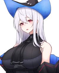 Rule 34 | 1girl, absurdres, arknights, ascot, bare shoulders, black ascot, black headwear, breasts, commentary request, hair between eyes, highres, large breasts, long hair, looking at viewer, parted lips, red eyes, rikuguma, simple background, skadi (arknights), solo, upper body, very long hair, white background, white hair