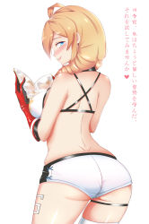 Rule 34 | 1girl, ahoge, ass, azur lane, bare shoulders, bikini, bikini top only, blonde hair, blue eyes, blush, book, breasts, censored, chicago (azur lane), drill hair, from behind, highres, huge ass, large breasts, lenxiao, long hair, naughty face, shiny skin, short shorts, shorts, sideboob, simple background, single thighhigh, smile, solo, swimsuit, tattoo, thighhighs, translation request