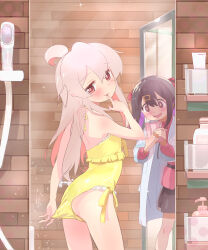 Rule 34 | 2girls, :p, ahoge, ass, black hair, brown eyes, cellphone, commentary request, finger to mouth, grey hair, hair ornament, hairclip, highres, holding, holding phone, kyarahiba, long hair, long sleeves, looking at viewer, mirror, multicolored hair, multiple girls, one-piece swimsuit, onii-chan wa oshimai!, oyama mahiro, oyama mihari, phone, pink hair, purple hair, red eyes, red shirt, shirt, siblings, sisters, standing, swimsuit, tongue, tongue out, trembling, two-tone hair, yellow one-piece swimsuit