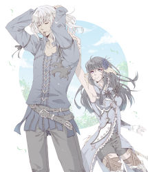 Rule 34 | 1boy, 1girl, arm at side, arm up, armpits, arms behind head, arms up, asymmetrical sleeves, au ra, warrior of light (ff14), black hair, blue eyes, blue flower, blunt bangs, closed eyes, closed mouth, coat, elezen, elf, estinien varlineau, final fantasy, final fantasy xiv, flower, grey hair, hair flower, hair ornament, height difference, heterochromia, highres, horns, long hair, looking at another, mouth hold, muted color, pants, pointy ears, purple eyes, scales, shirt, shorts, single sleeve, smile, standing, tail, tying hair, uneven sleeves, yuzuriko red