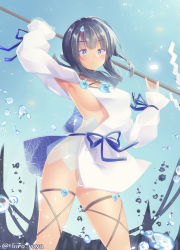 Rule 34 | 1girl, armpits, arms up, bare shoulders, black hair, blue eyes, blue ribbon, blue sky, blush, breasts, closed mouth, dress, fate/grand order, fate/requiem, fate (series), fundoshi, highres, hiiro yuya, japanese clothes, jewelry, long sleeves, looking at viewer, magatama, magatama hair ornament, medium breasts, medium hair, multicolored hair, necklace, pelvic curtain, pink hair, polearm, puffy long sleeves, puffy sleeves, ribbon, short dress, sideboob, sideless outfit, sky, solo, spear, standing, streaked hair, thighs, utsumi erice, water drop, weapon, white dress