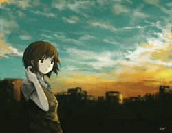 Rule 34 | 1girl, brown hair, building, cloud, cloudy sky, kensight328, original, outdoors, short hair, short sleeves, signature, sky, solo, sweater vest, twilight, upper body, yellow sweater vest