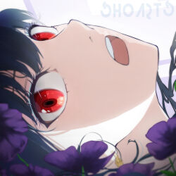 Rule 34 | 1girl, artist name, black hair, blurry, blurry foreground, close-up, earrings, flower, highres, jewelry, looking at viewer, open mouth, purple flower, red eyes, shadow, solo, spy x family, teeth, timruya, upper teeth only, yor briar