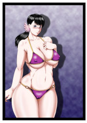 Rule 34 | 1girl, black hair, blue eyes, blush, breasts, cattleya (queen&#039;s blade), cleavage, covered erect nipples, curvy, glasses, huge breasts, jgeorge, long hair, looking at viewer, navel, ponytail, queen&#039;s blade, solo, standing, thick thighs, thighs, wide hips
