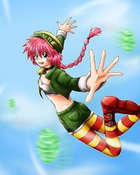 Rule 34 | 1990s (style), 1girl, ass, blue eyes, boots, braid, choker, crop top, female focus, flying, hat, long hair, open mouth, outstretched hand, pink hair, psychic force, retro artstyle, shinato (auster), shorts, single braid, smile, solo, striped clothes, striped thighhighs, taito, thighhighs, wendy ryan, wind