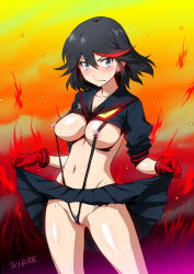 Rule 34 | 10s, 1girl, adapted costume, black hair, blue eyes, blush, breasts, buckle, cleft of venus, clothes lift, embarrassed, fire, fire, gloves, joy ride, kill la kill, pussy, large breasts, matoi ryuuko, multicolored hair, navel, red hair, revealing clothes, school uniform, senketsu, short hair, signature, skirt, skirt lift, slingshot swimsuit, sweatdrop, swimsuit, trigger (company), two-tone hair, wedgie