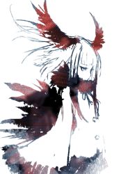 Rule 34 | 10s, 1girl, bird tail, bird wings, blunt bangs, buttons, cowboy shot, expressionless, eyebrows, eyelashes, facing away, feather collar, feather trim, feathered wings, feathers, floating hair, head wings, ise (0425), japanese crested ibis (kemono friends), kemono friends, long hair, long sleeves, miniskirt, multicolored hair, pleated skirt, shirt, short hair with long locks, sidelocks, simple background, skirt, solo, standing, tail, tsurime, two-tone hair, white background, wide sleeves, wings