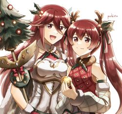 Rule 34 | 2girls, :d, artist name, bare shoulders, cape, cordelia (fire emblem), cordelia (winter) (fire emblem), detached sleeves, fake antlers, fire emblem, fire emblem awakening, fire emblem fates, fire emblem heroes, hair between eyes, holding, holding ornament, holding polearm, holding weapon, long hair, looking at viewer, mistletoe hair ornament, mother and daughter, multiple girls, nintendo, official alternate costume, open mouth, pochi (furaigonn), polearm, red eyes, red hair, selena (fire emblem fates), severa (fire emblem), smile, twintails, upper body, weapon, white cape