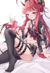 Rule 34 | 1girl, a fu jiade luo, absurdres, ahoge, arknights, bare shoulders, black jacket, black shorts, black thighhighs, breasts, crop top, detached collar, garter straps, hair ornament, highleg, highres, horns, jacket, long hair, looking at viewer, midriff, navel, neckerchief, off shoulder, open clothes, open jacket, parted lips, pointy ears, red eyes, red hair, red shirt, shirt, short shorts, shorts, sidelocks, skindentation, sleeveless, sleeveless shirt, small breasts, solo, spikes, stomach, thigh strap, thighhighs, thighs, torn clothes, torn shirt, torn shorts, very long hair, vigna (arknights)