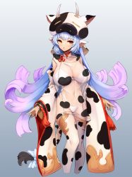 Rule 34 | 1girl, :o, animal ears, animal print, arms at sides, bikini, bikini under clothes, blue hair, bow, catura (granblue fantasy), choker, collarbone, cow ears, cow girl, cow hat, cow print, cow tail, cropped legs, detached sleeves, earrings, gradient hair, granblue fantasy, highleg, highleg bikini, highres, jewelry, long hair, long sleeves, looking at viewer, multicolored hair, navel, notte, parted lips, print sleeves, print thighhighs, purple hair, red eyes, see-through, solo, stomach, swimsuit, tail, tail bow, tail ornament, tassel, thighhighs, very long hair, white bikini, white bow, white choker, white thighhighs, wide sleeves
