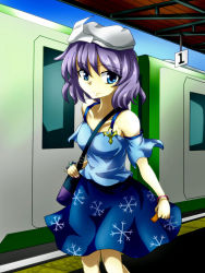 Rule 34 | 1girl, alternate costume, bag, bare shoulders, blue eyes, blush, breasts, collarbone, contemporary, female focus, hat, highres, letty whiterock, light purple hair, medium breasts, short hair, skirt, smile, solo, ticket, touhou, train