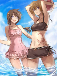Rule 34 | 2girls, alternate costume, bad id, bad pixiv id, ball, beachball, bikini, breasts, brown hair, cleavage, cloud, cloudy sky, covered navel, cowboy shot, day, epona (ys), facepaint, falcom, frills, light brown hair, long hair, looking at viewer, medium breasts, midriff, multiple girls, navel, ocean, one-piece swimsuit, open mouth, partially submerged, ponytail, purple eyes, side-tie bikini bottom, sketch, sky, small breasts, standing, swimsuit, tattoo, uuta (uturautouto), wading, ys, ys origin, yunica tovah