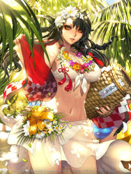 Rule 34 | 2girls, ass, basket, beach, bikini, black hair, blue bikini, braid, breasts, cleavage, company name, copyright name, cowboy shot, daisy, dappled sunlight, dated, eyelashes, eyeshadow, female focus, fingernails, floating hair, flower, flower necklace, front-tie top, furyou michi ~gang road~, hair flower, hair ornament, highres, holding, jewelry, large breasts, lei, lily (flower), lipgloss, lips, long fingernails, long hair, looking at viewer, makeup, mascara, multiple girls, nail polish, narrow waist, nature, navel, necklace, outdoors, palm tree, parted lips, pink nails, plant, red nails, sarong, see-through, shide, smile, solo focus, sparkle, standing, stomach, striped bikini, striped clothes, sunlight, swimsuit, tassel, towel, tree, twin braids, watermark, wet, white bikini, xaxak, yellow eyes
