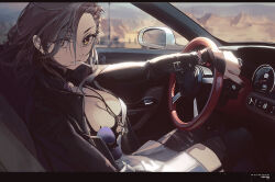 Rule 34 | 1girl, arknights, black jacket, black nails, blurry, blurry background, breasts, car, car interior, car seat, chinese commentary, cigarette, cleavage, commentary, dashboard, dress, drive shot, driving, garter straps, hair ornament, hair over one eye, hairclip, highres, jacket, jewelry, large breasts, looking at viewer, motor vehicle, necklace, open window, penance (arknights), revision, ring, smoke, smoking, solo, speedometer, steering wheel, thighhighs, unworn eyewear, white dress, window, yellow eyes