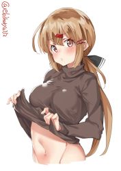 Rule 34 | 1girl, black bow, blush, bow, breasts, brown eyes, brown hair, clothes lift, commentary request, ebifurya, hair bow, hair ornament, hairclip, highres, kantai collection, lifted by self, long hair, long sleeves, low twintails, medium breasts, navel, one-hour drawing challenge, parted lips, shirt, shirt lift, simple background, solo, stomach, sweater, sweater lift, tashkent (kancolle), twintails, white background