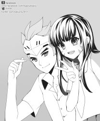Rule 34 | 1boy, 1girl, aged down, buttons, closed mouth, collarbone, collared shirt, d.va (overwatch), eyebrows, eyelashes, facebook username, facepaint, facial mark, fingernails, forehead protector, furrowed brow, genji (overwatch), grey background, greyscale, hand up, highres, kaoruru (sakuno2911), long fingernails, looking at viewer, monochrome, neckerchief, open mouth, overwatch, overwatch 1, pointing, pointing at self, school uniform, shirt, short hair, short sleeves, sidelocks, simple background, smile, spiked hair, teeth, twitter username, unbuttoned, unbuttoned shirt, upper body, w, watermark, web address, whisker markings