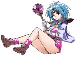 Rule 34 | 1990s (style), 1girl, blue hair, circlet, dress, fingerless gloves, gloves, haou taikei ryuu knight, long hair, looking at viewer, low twintails, paffy pafuricia, panties, pantyshot, pink dress, pink socks, red eyes, retro artstyle, shoulder pads, sitting, sketch, smile, socks, solo, staff, tachibana roku, twintails, underwear, white gloves