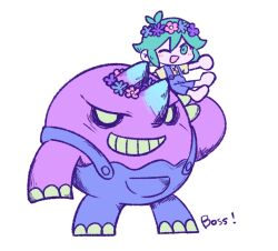 Rule 34 | !, 1boy, antenna hair, aqua horns, arm up, barefoot, basil (headspace) (omori), basil (omori), blue flower, blue overalls, blush, boss (omori), carrying, carrying person, character name, chibi, colored skin, flower, flower wreath, gradient horns, green eyes, green hair, green shirt, grin, hair between eyes, hair flaps, head wreath, horns, kireso majide, looking at viewer, multicolored horns, omocat (style), omori, one eye closed, open mouth, overall shorts, overalls, pink flower, purple flower, purple skin, shirt, short hair, short sleeves, sidelocks, simple background, sitting, smile, white background, white skin