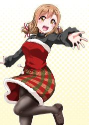 Rule 34 | 1girl, :d, black footwear, black pantyhose, black shirt, blush, commentary request, dress, fur-trimmed dress, fur trim, hair ribbon, halftone, halftone background, highres, jewelry, kunikida hanamaru, loafers, long sleeves, looking at viewer, love live!, love live! school idol festival, love live! sunshine!!, low twintails, open mouth, outline, outstretched hand, pantyhose, pendant, plaid, plaid dress, pom pom (clothes), red dress, red ribbon, ribbon, shirt, shoes, smile, solo, standing, twintails, white outline, yellow eyes, yopparai oni