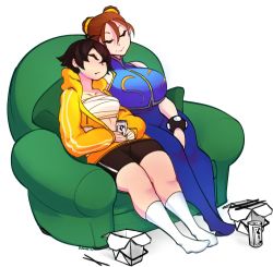 Rule 34 | 2girls, ahoge, alternate breast size, alternate costume, artist name, bad id, bad twitter id, bare shoulders, barefoot, bike shorts, black hair, blush, bracelet, breasts, brown hair, can, capcom, chopsticks, chun-li, couch, covered navel, drink can, head on another&#039;s shoulder, highres, hood, hood down, hoodie, jewelry, kneehighs, large breasts, leaning on person, makoto (street fighter), midriff, multiple girls, open clothes, plump, saane, sarashi, sitting, sleeping, smile, socks, soda can, street fighter, thick thighs, thighs, unitard, wide hips