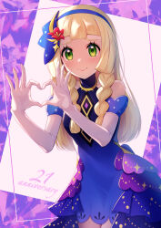 Rule 34 | 1girl, anniversary, blonde hair, blue dress, blue hairband, blunt bangs, blush, braid, closed mouth, commentary request, creatures (company), dress, elbow gloves, eyelashes, flower, framed, game freak, gloves, green eyes, hair flower, hair ornament, hairband, hands up, heart, heart hands, highres, lillie (anniversary 2021) (pokemon), lillie (pokemon), long hair, maki (letusgomaki), nintendo, official alternate costume, pokemon, pokemon masters ex, raised eyebrows, red flower, sleeveless, sleeveless dress, smile, solo, twin braids, white gloves