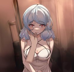 Rule 34 | 1boy, 1girl, absurdres, blurry, blurry background, bra, breasts, girls&#039; frontline, hair down, highres, large breasts, long hair, male hand, mkhaggar, red eyes, silver hair, solo focus, spas-12 (girls&#039; frontline), underwear, white bra